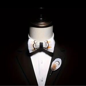 Elegant Black, White and Copper Men's Bow Tie and Lapel Pin